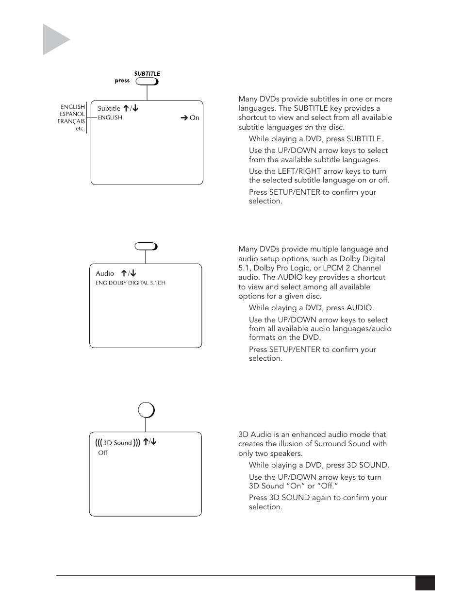 Subtitles/audio/3d sound | Go-Video DVR 4550 User Manual | Page 23 / 72