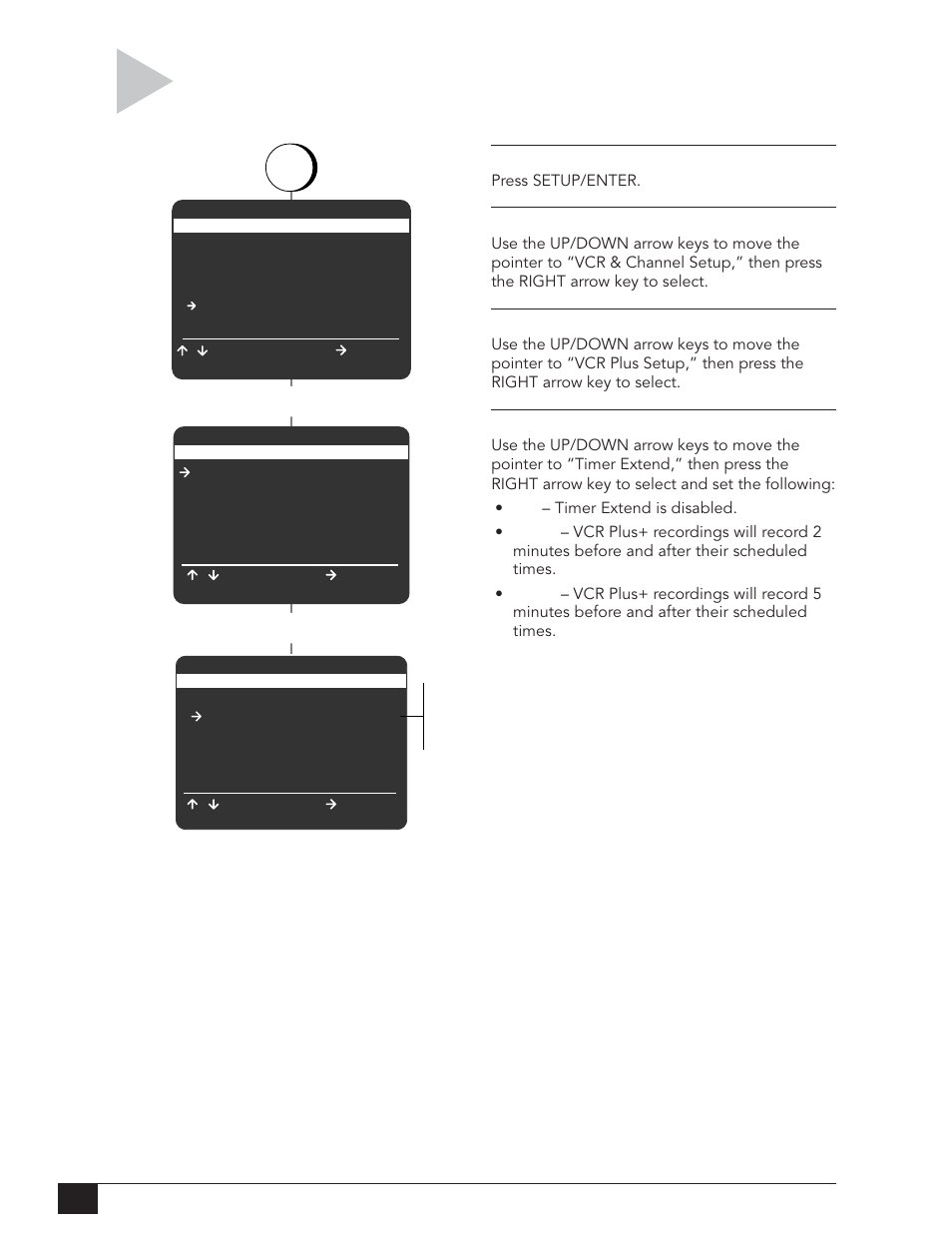 Vcr plus+ timer extend, Select “vcr & channel setup, Select “vcr plus+ setup | Off 2-min 5-min | Go-Video DVR 4550 User Manual | Page 38 / 72