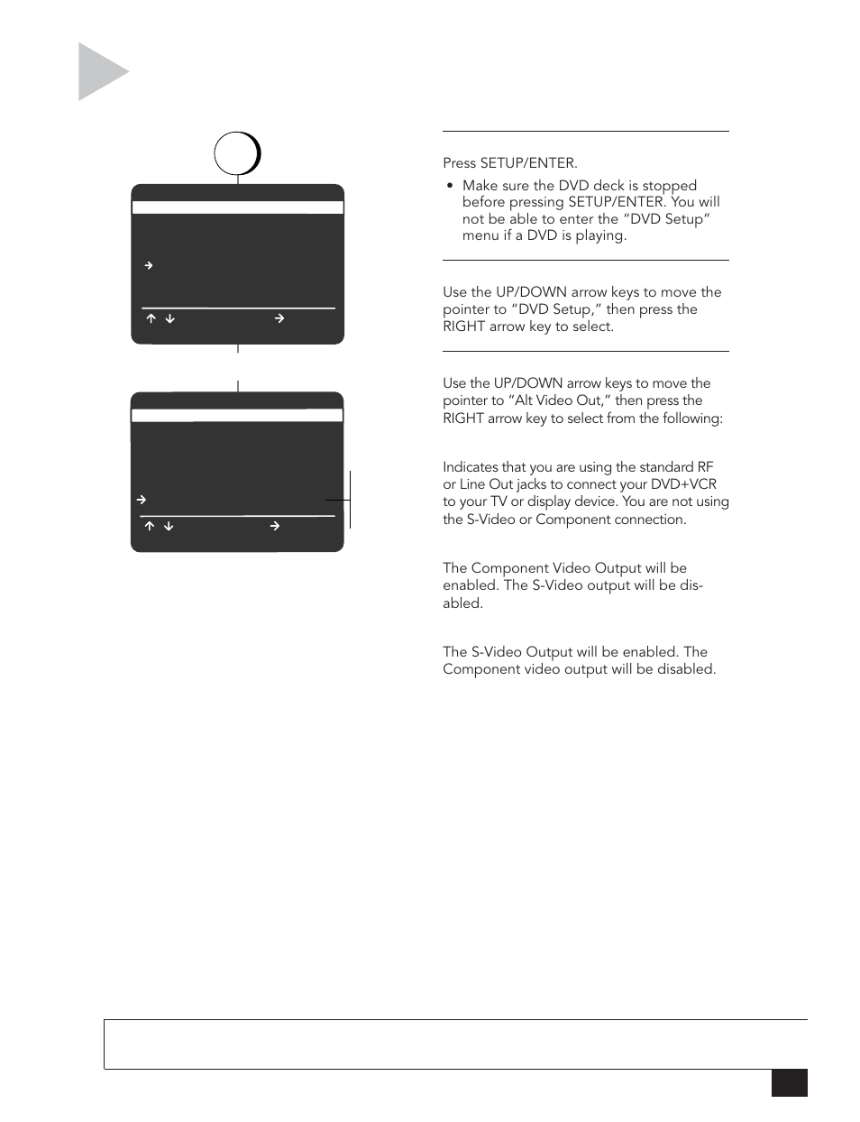 Al t video out setting, Select “dvd setup” off component s-video | Go-Video DVR 4550 User Manual | Page 43 / 72