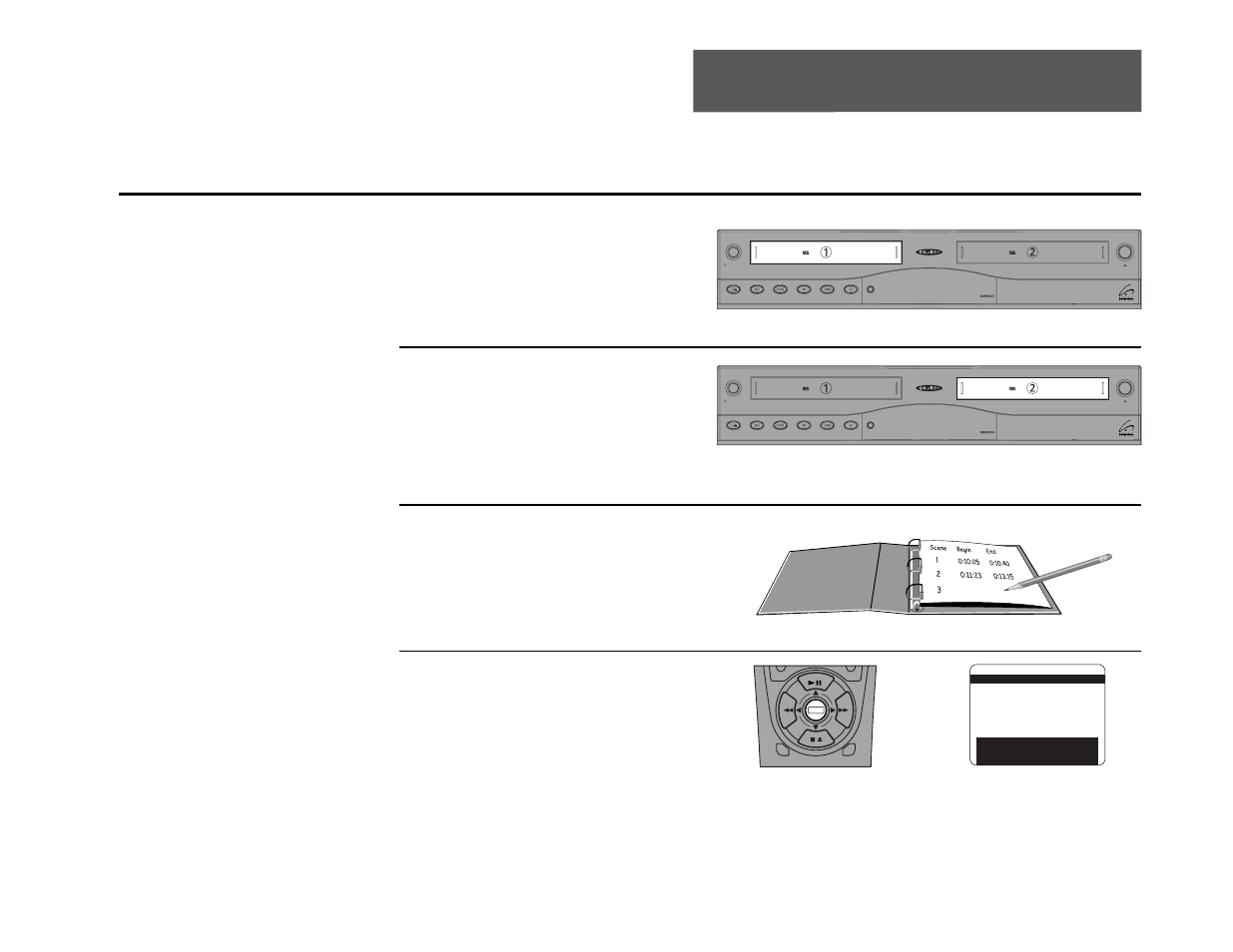 9 - editing features, Scene editor, Insert source tape | Insert target tape, Review source tape, Open “main menu, Optional), Press menu | Go-Video DDV9355 User Manual | Page 70 / 106