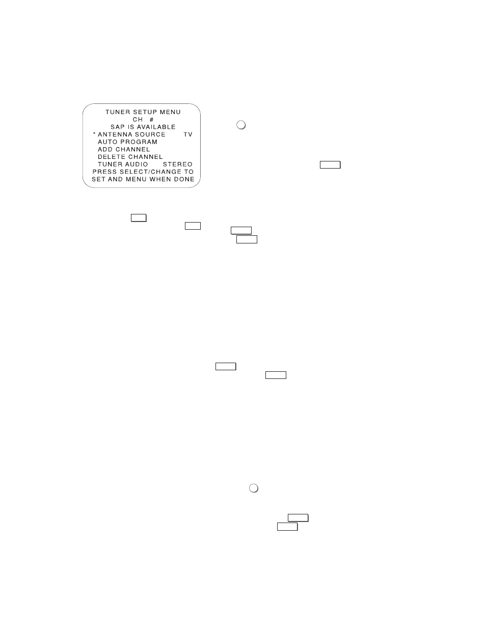 Tuner setup menu, Antenna source, Auto program | Add channel, delete channel, Tuner audio, Menu, 1,2 | Go-Video 4-Head Hi-Fi User Manual | Page 43 / 84