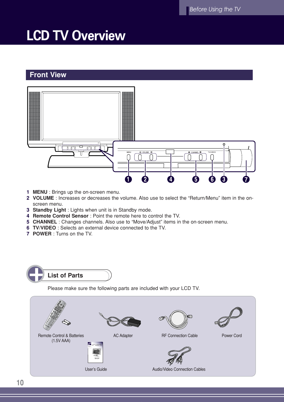 Lcd tv overview, Front view, Before using the tv | List of parts | Go-Video TW1730 User Manual | Page 10 / 72