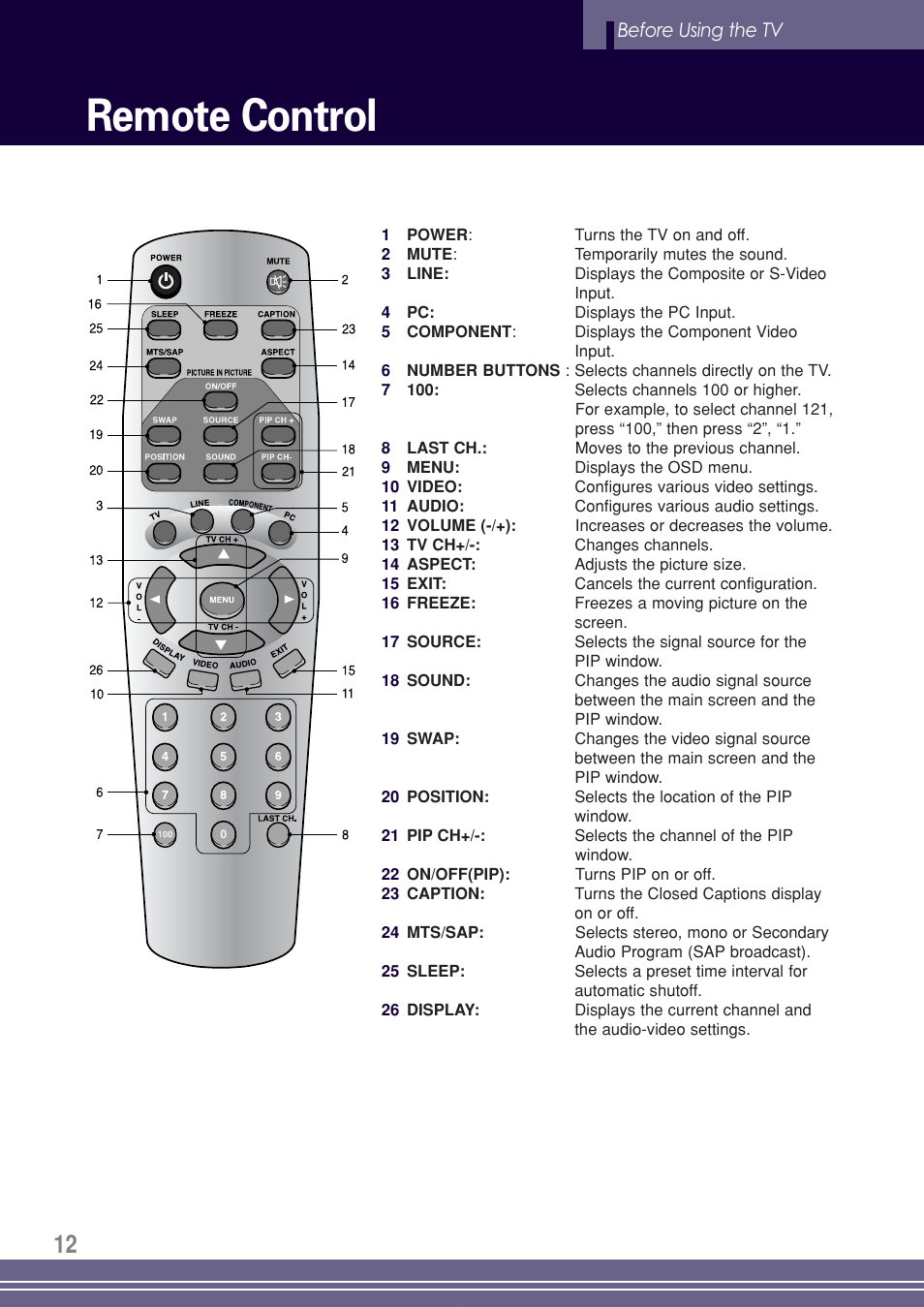 Remote control, Before using the tv | Go-Video TW1730 User Manual | Page 12 / 72