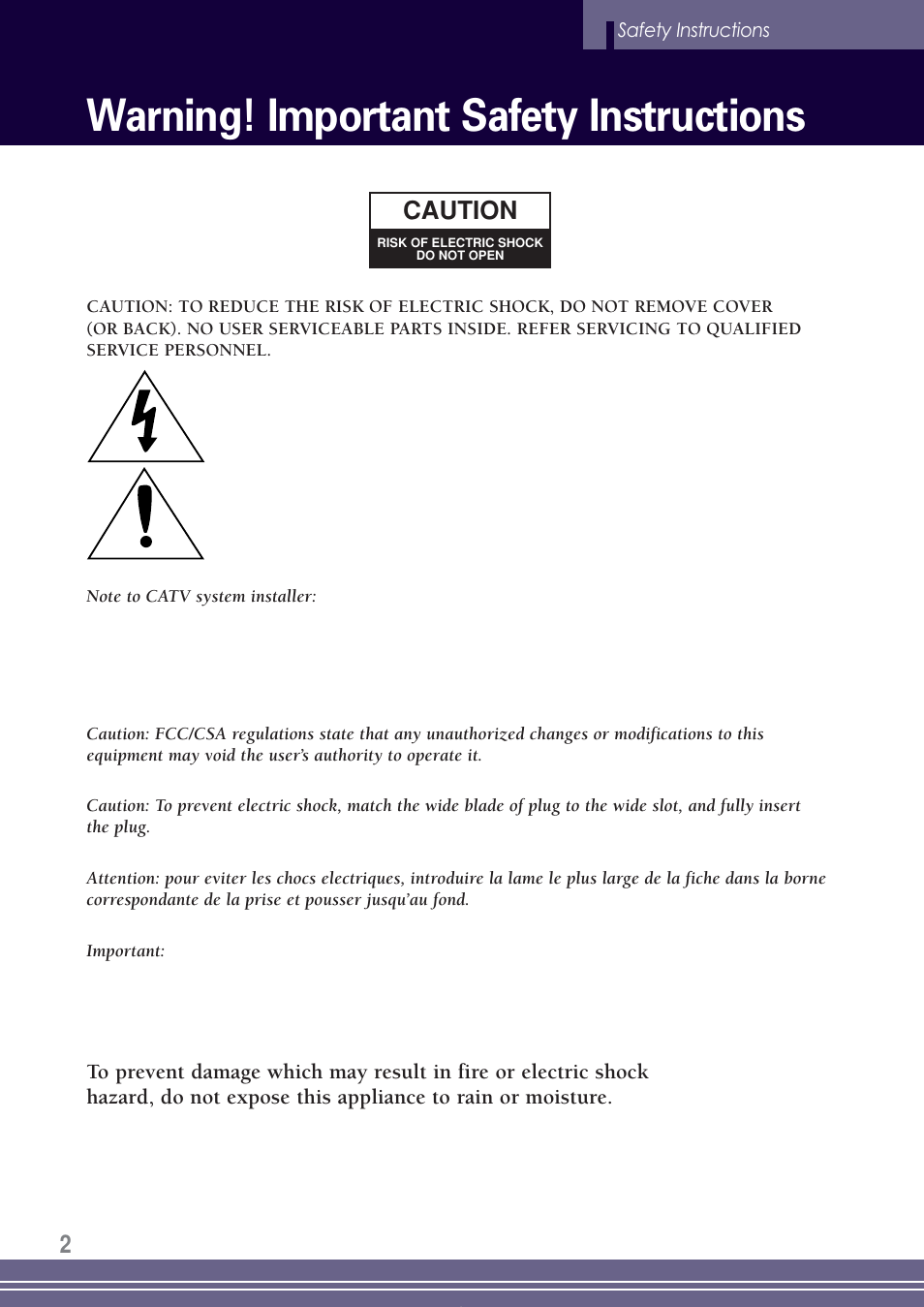 Warning! important safety instructions, Caution | Go-Video TW1730 User Manual | Page 2 / 72