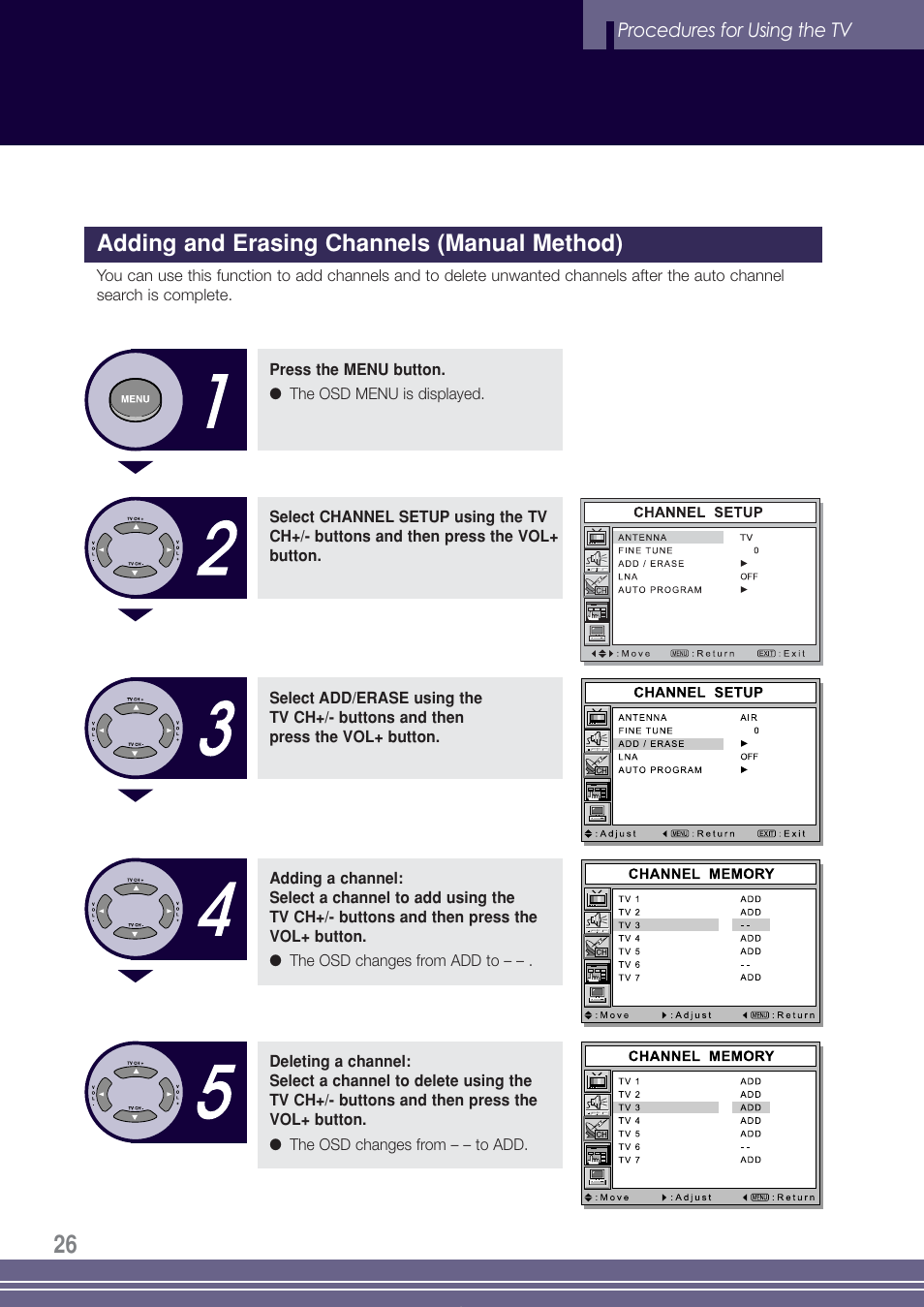 Adding and erasing channels (manual method) | Go-Video TW1730 User Manual | Page 26 / 72