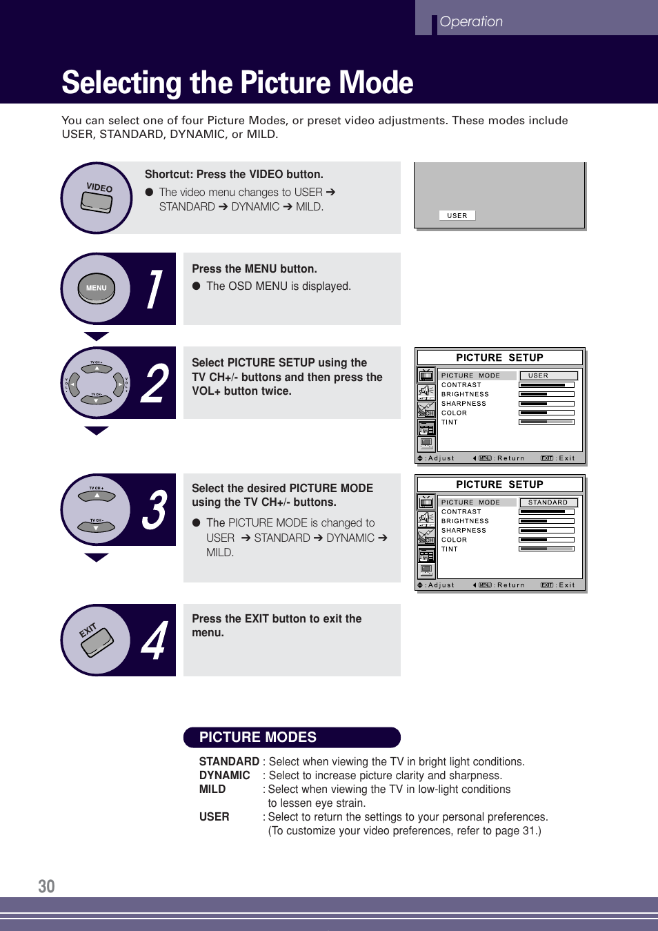 Selecting the picture mode | Go-Video TW1730 User Manual | Page 30 / 72