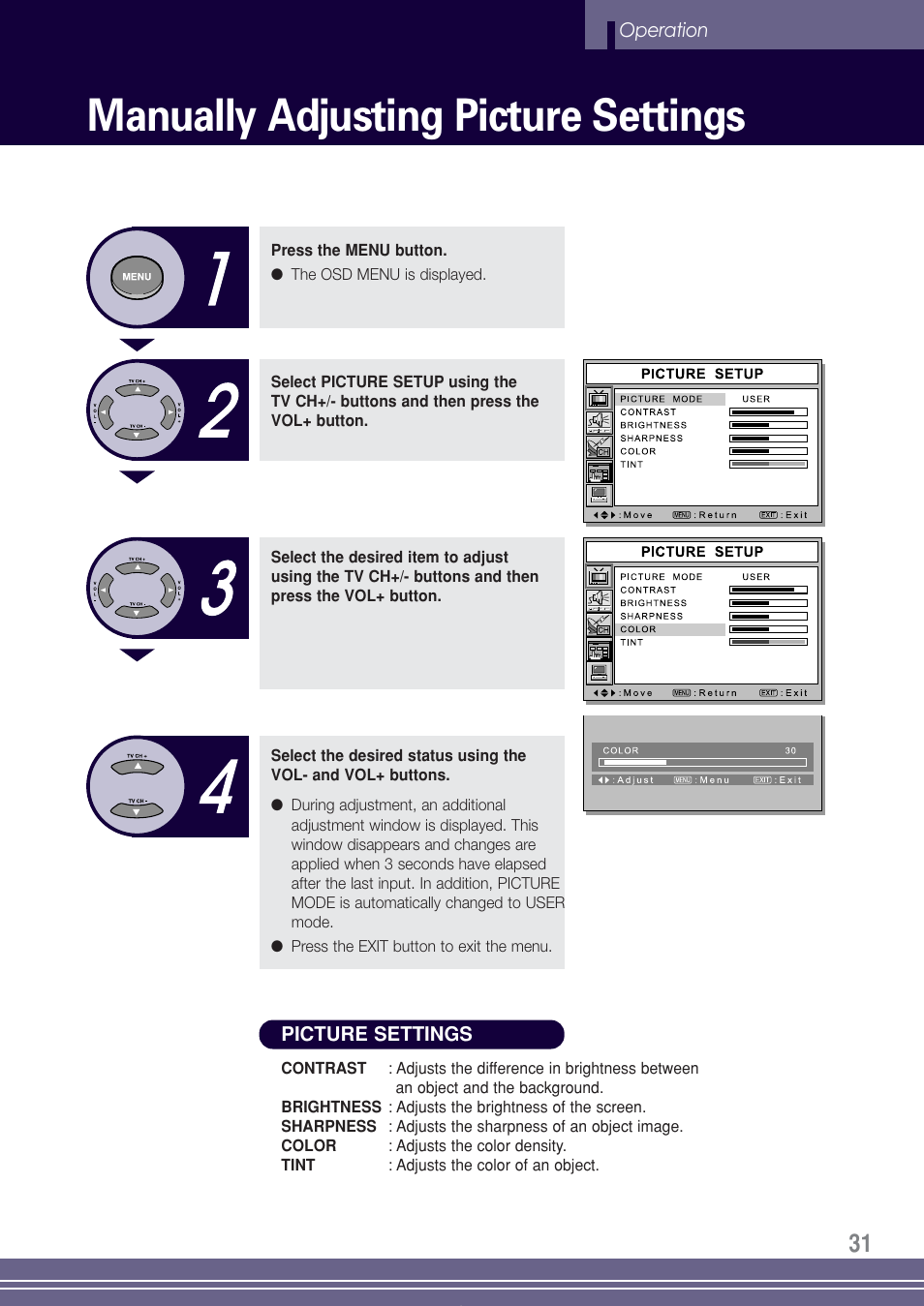 Manually adjusting picture settings | Go-Video TW1730 User Manual | Page 31 / 72