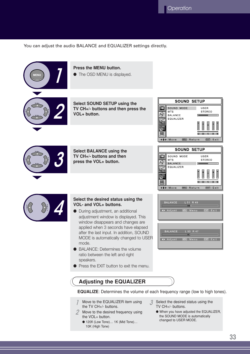 Operation, Adjusting the equalizer | Go-Video TW1730 User Manual | Page 33 / 72