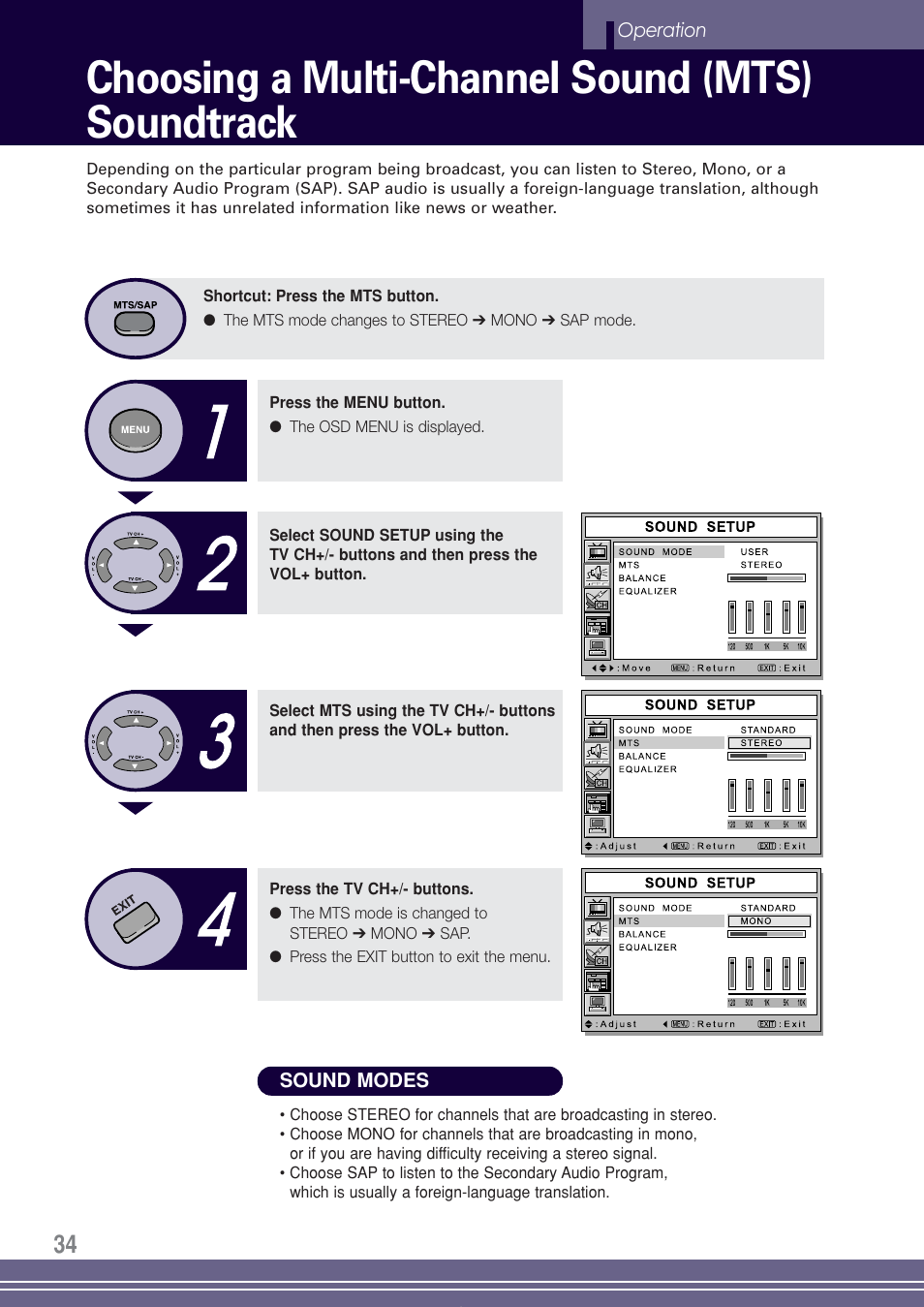 Choosing a multi-channel sound (mts) soundtrack | Go-Video TW1730 User Manual | Page 34 / 72
