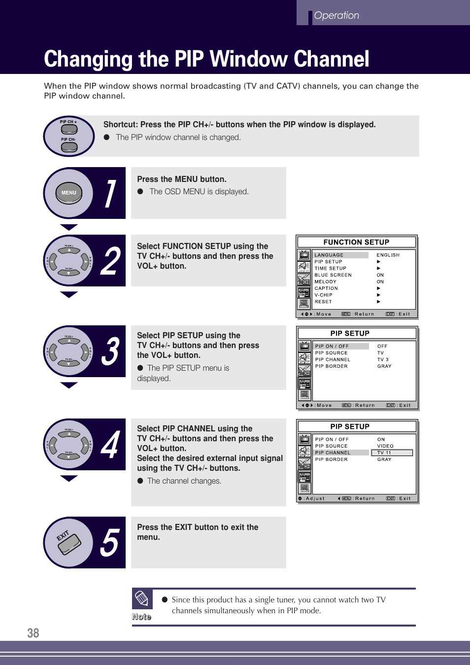 Changing the pip window channel | Go-Video TW1730 User Manual | Page 38 / 72