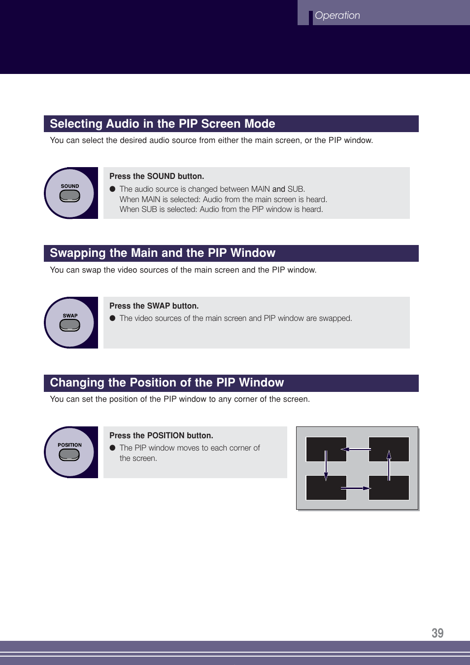Selecting audio in the pip screen mode, Swapping the main and the pip window, Changing the position of the pip window | Go-Video TW1730 User Manual | Page 39 / 72