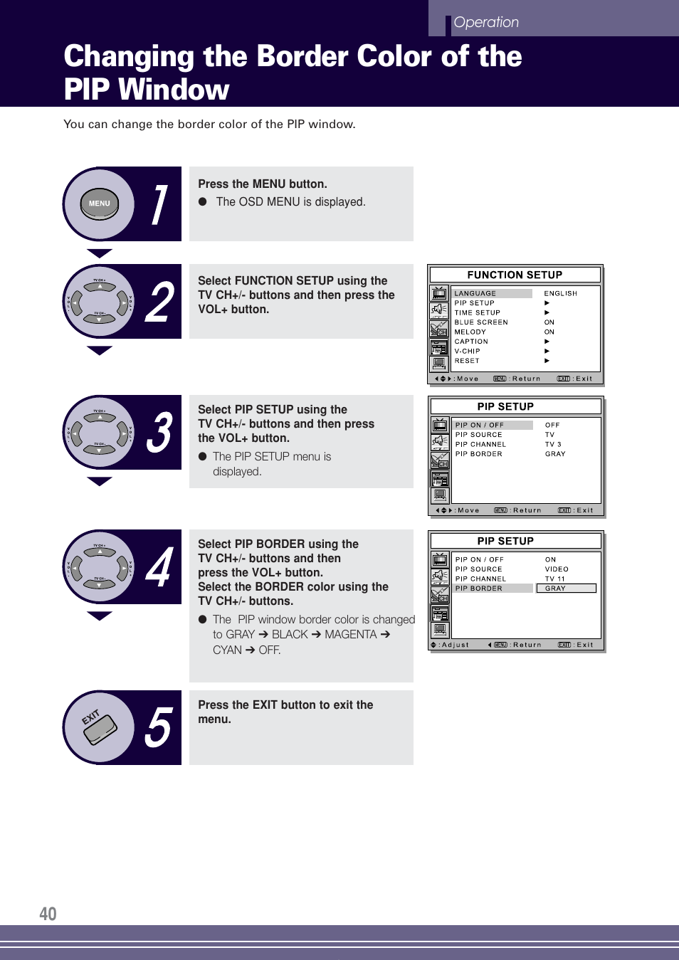 Changing the border color of the pip window | Go-Video TW1730 User Manual | Page 40 / 72