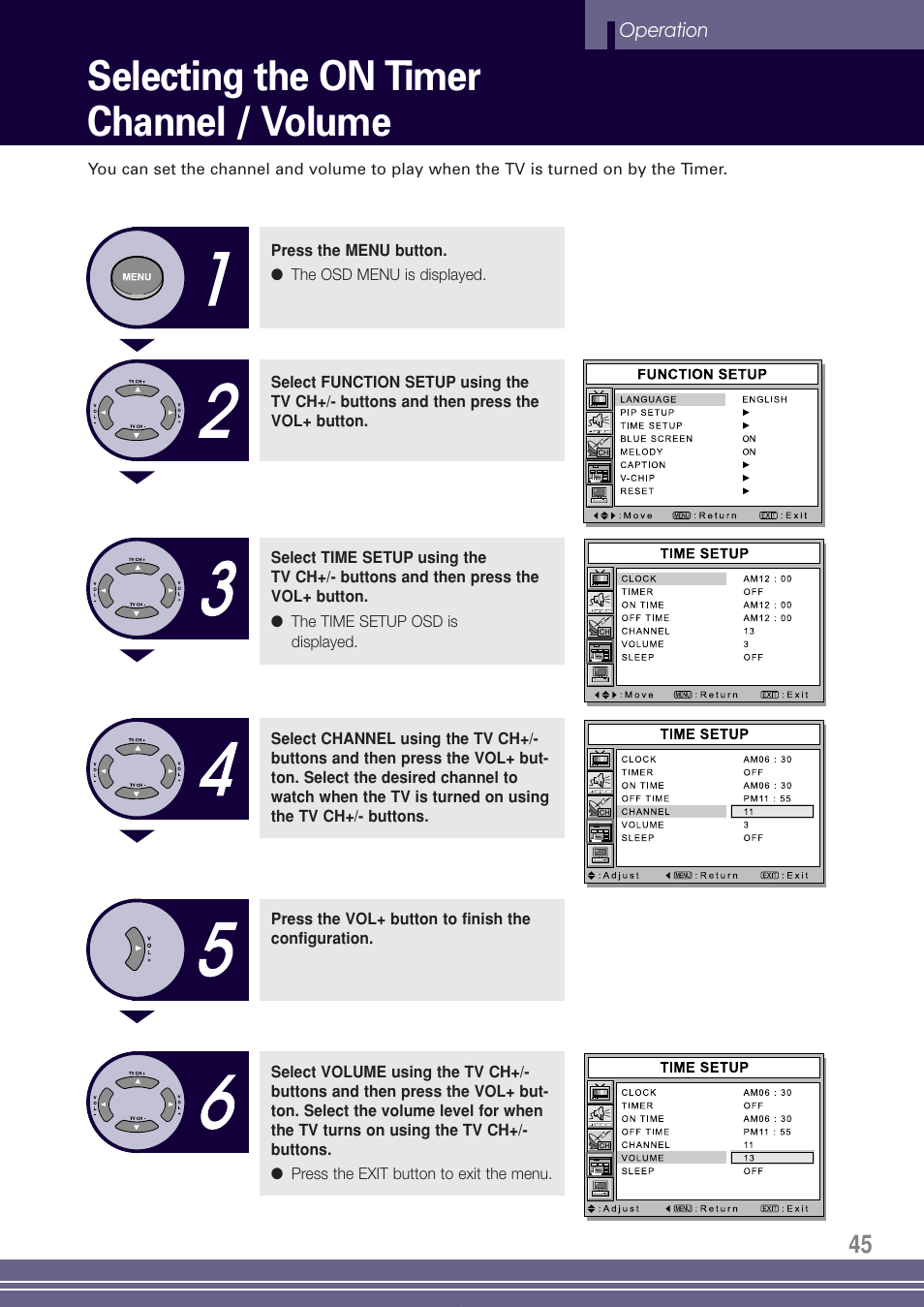 Selecting the on timer channel / volume | Go-Video TW1730 User Manual | Page 45 / 72