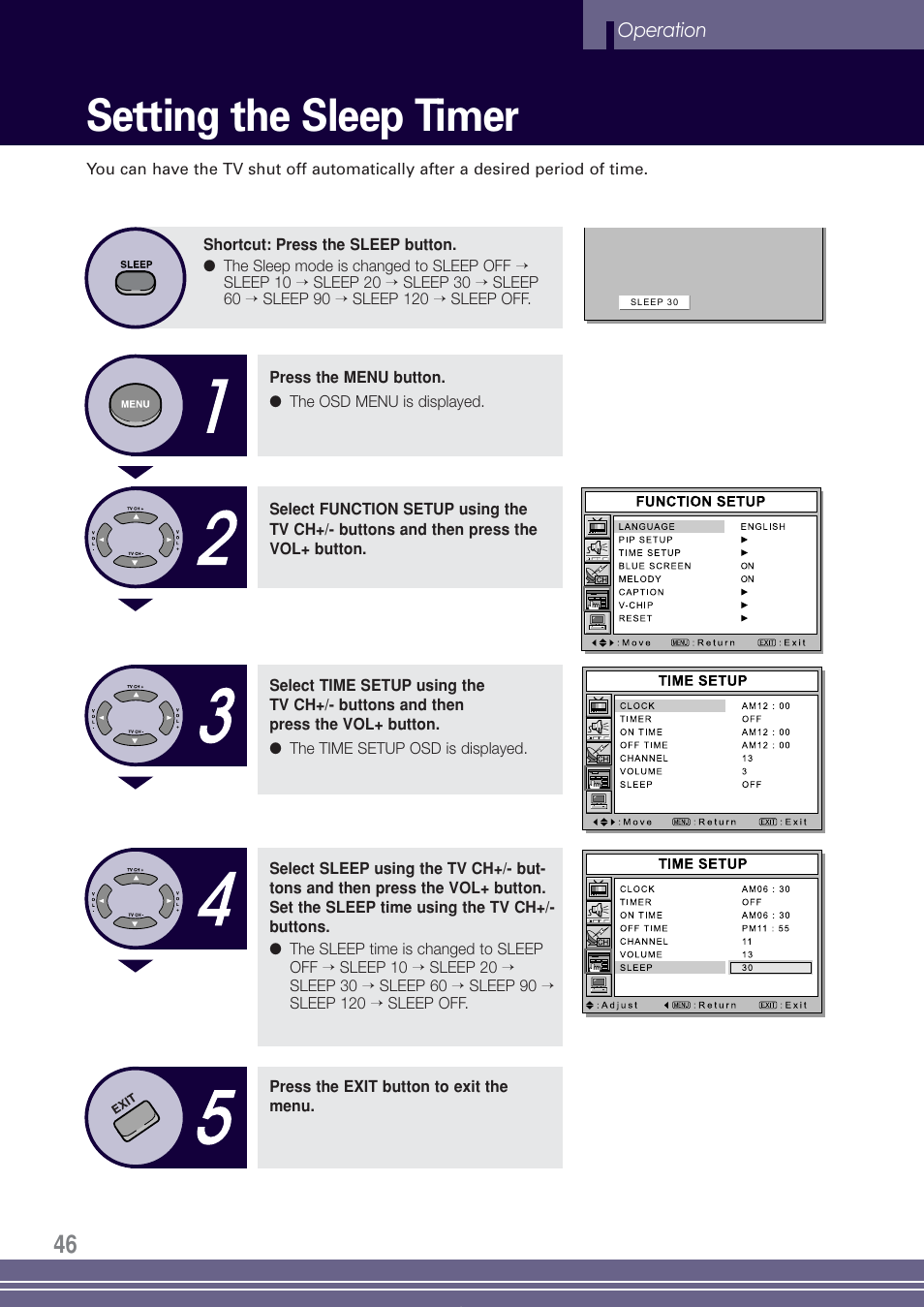 Setting the sleep timer | Go-Video TW1730 User Manual | Page 46 / 72
