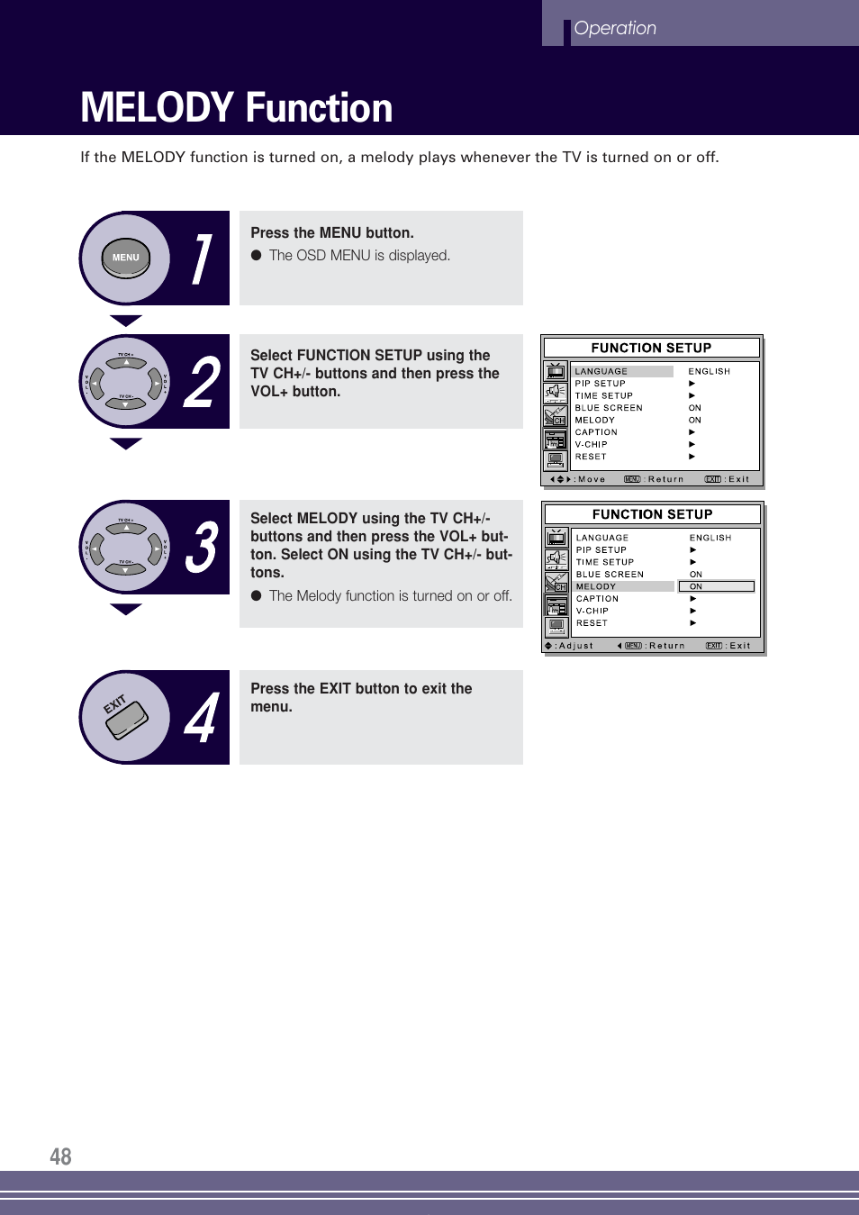 Melody function | Go-Video TW1730 User Manual | Page 48 / 72