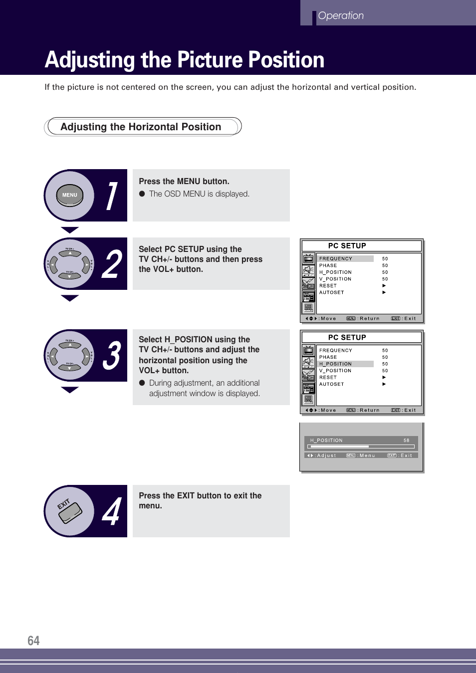 Adjusting the picture position | Go-Video TW1730 User Manual | Page 64 / 72