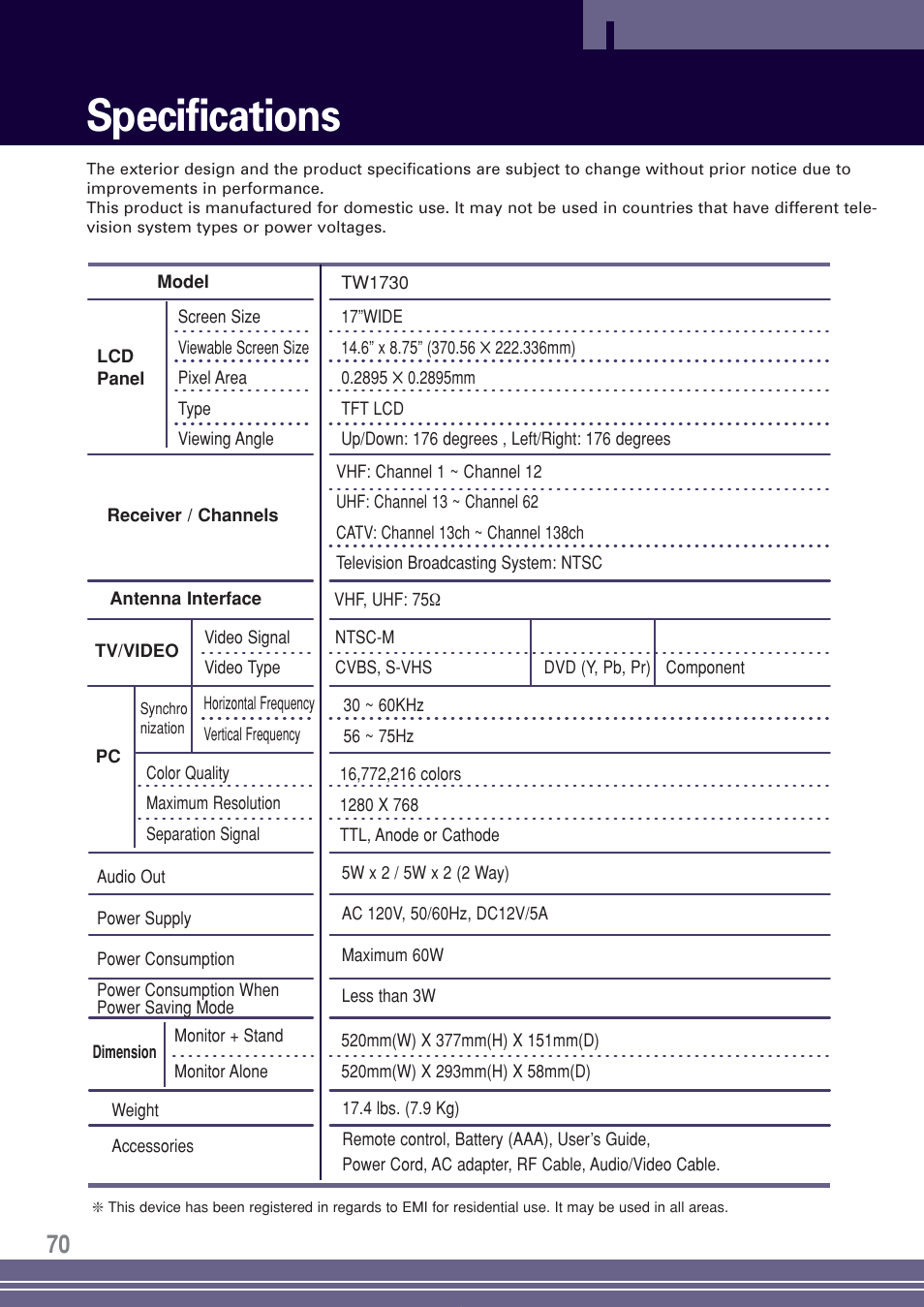 Specifications | Go-Video TW1730 User Manual | Page 70 / 72
