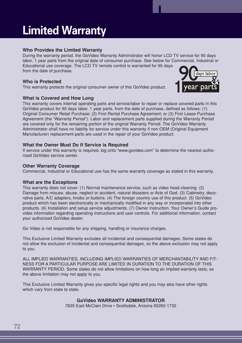 Limited warranty, Year parts | Go-Video TW1730 User Manual | Page 72 / 72