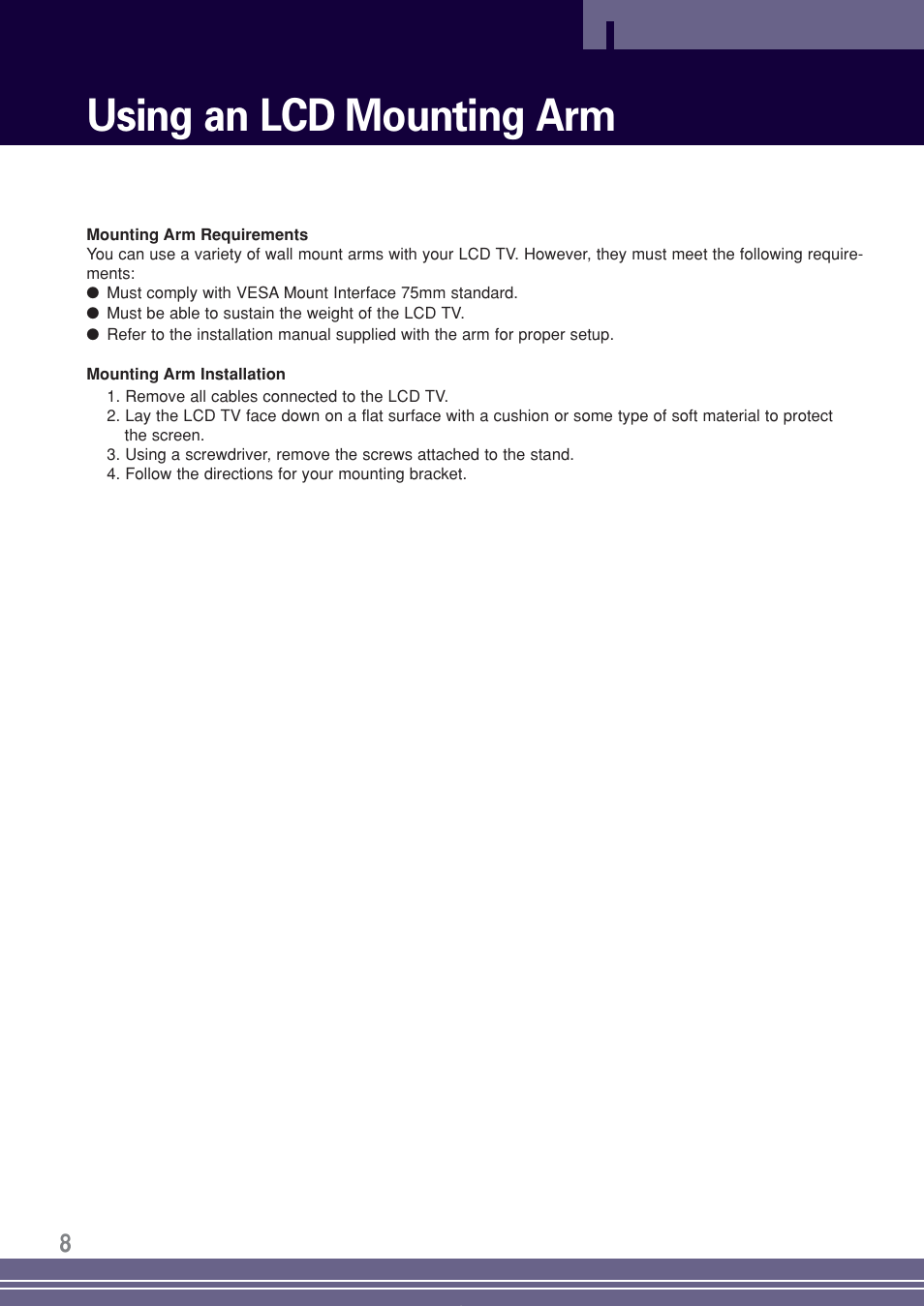 Using an lcd mounting arm | Go-Video TW1730 User Manual | Page 8 / 72