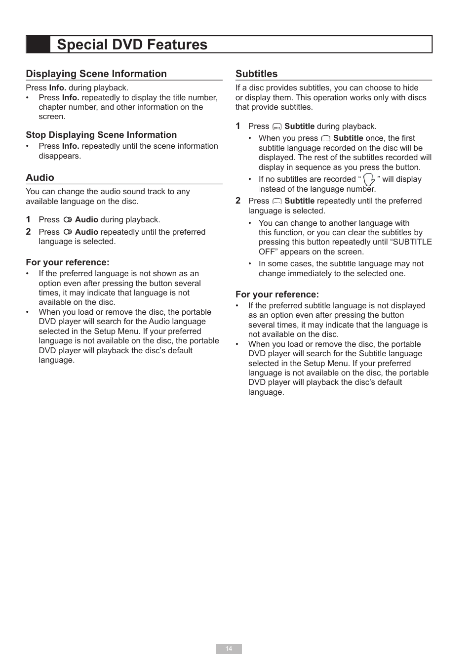 Special dvd features, Displaying scene information, Audio | Subtitles | Go-Video DP7040 User Manual | Page 14 / 34