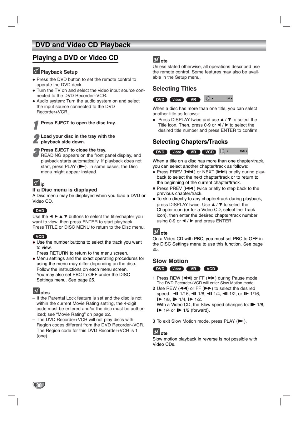 Selecting titles, Selecting chapters/tracks, Slow motion | Go-Video VR4940 User Manual | Page 30 / 60
