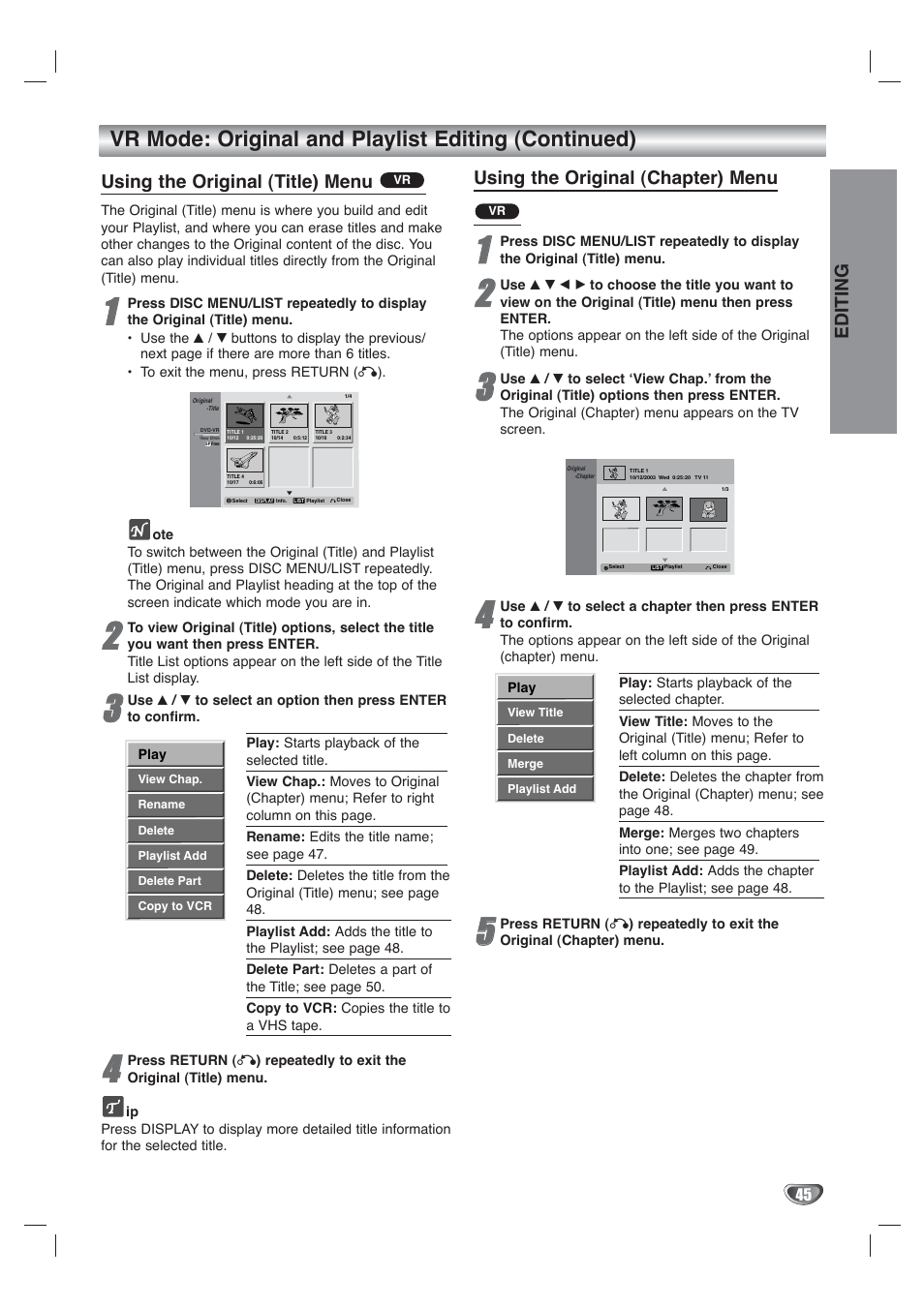 Vr mode: original and playlist editing (continued), Using the original (title) menu, Using the original (chapter) menu | Editing | Go-Video VR4940 User Manual | Page 45 / 60