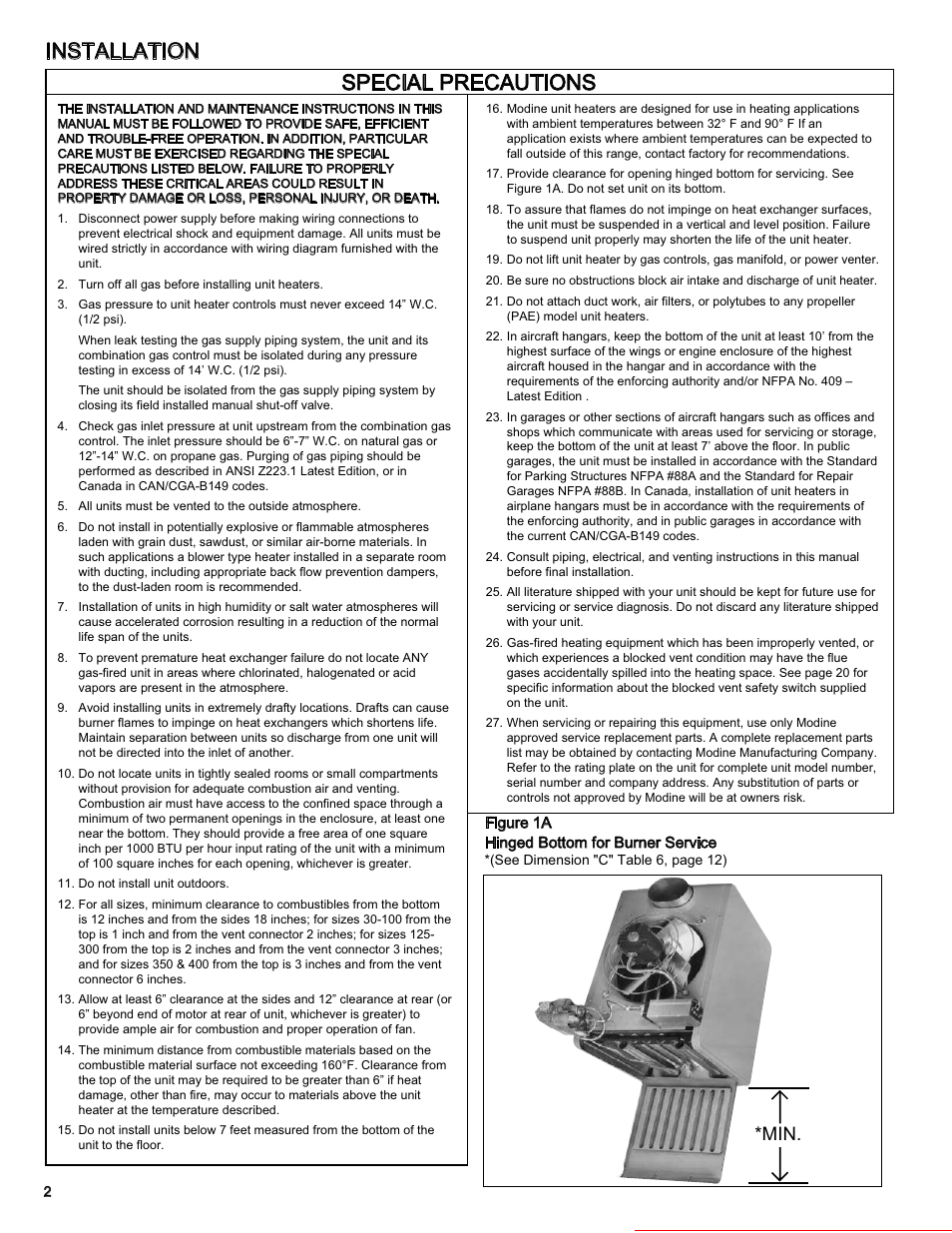 Installation special precautions, Min. heater parts from acf greenhouses | Modine Manufacturing BAE User Manual | Page 2 / 28