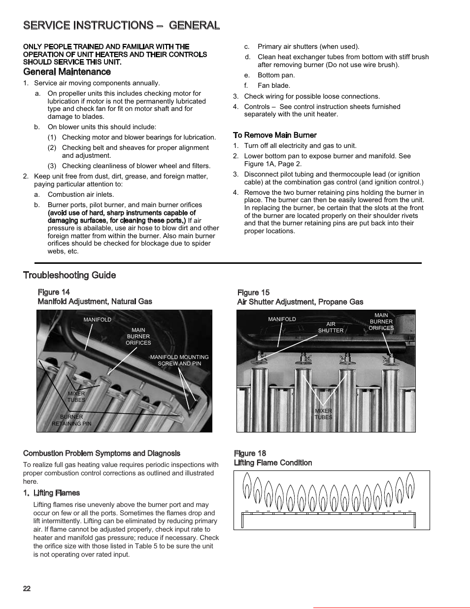 Service instructions – general, Troubleshooting guide, General maintenance | Heater parts from acf greenhouses | Modine Manufacturing BAE User Manual | Page 22 / 28