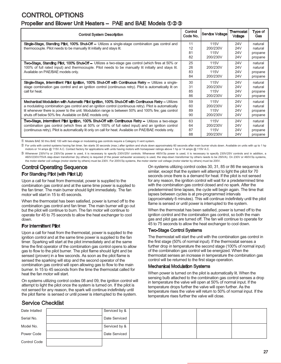 Control options, Control operating sequence, Service checklist | Heater parts from acf greenhouses | Modine Manufacturing BAE User Manual | Page 27 / 28