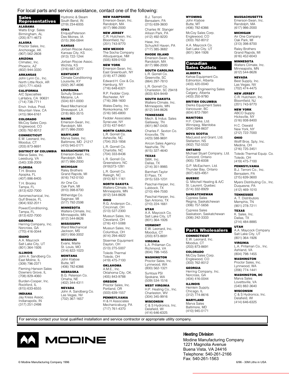 Heater parts from acf greenhouses, Sales representatives, Canadian sales outlets | Parts wholesalers | Modine Manufacturing BAE User Manual | Page 28 / 28