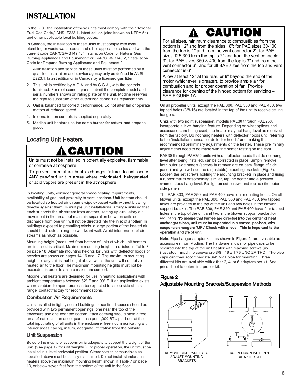 Caution, Installation, Locating unit heaters | Heater parts from acf greenhouses | Modine Manufacturing BAE User Manual | Page 3 / 28