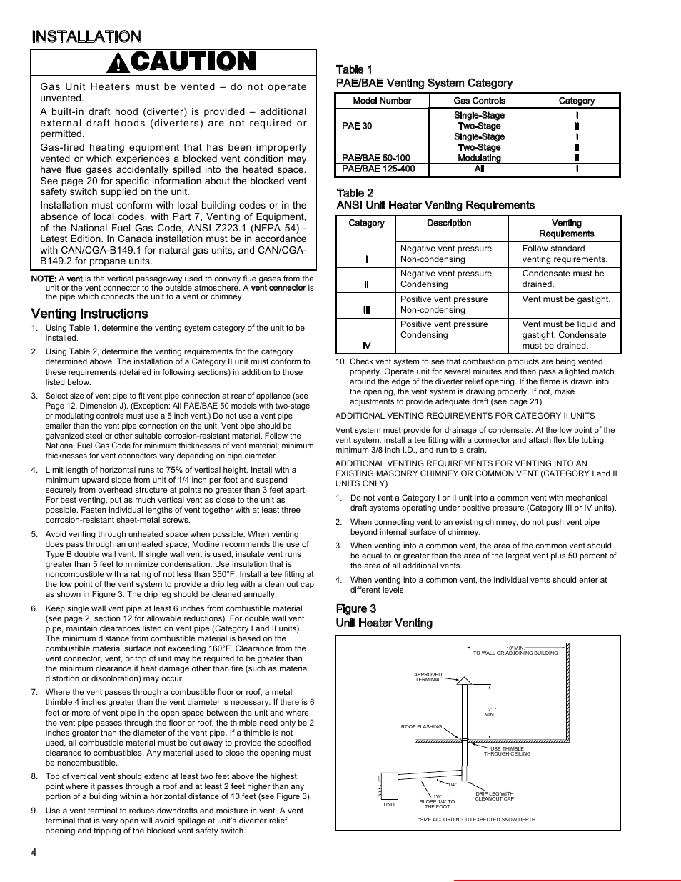 Caution, Installation, Venting instructions | Heater parts from acf greenhouses, Figure 3 unit heater venting, Table 1 pae/bae venting system category, Table 2 ansi unit heater venting requirements | Modine Manufacturing BAE User Manual | Page 4 / 28