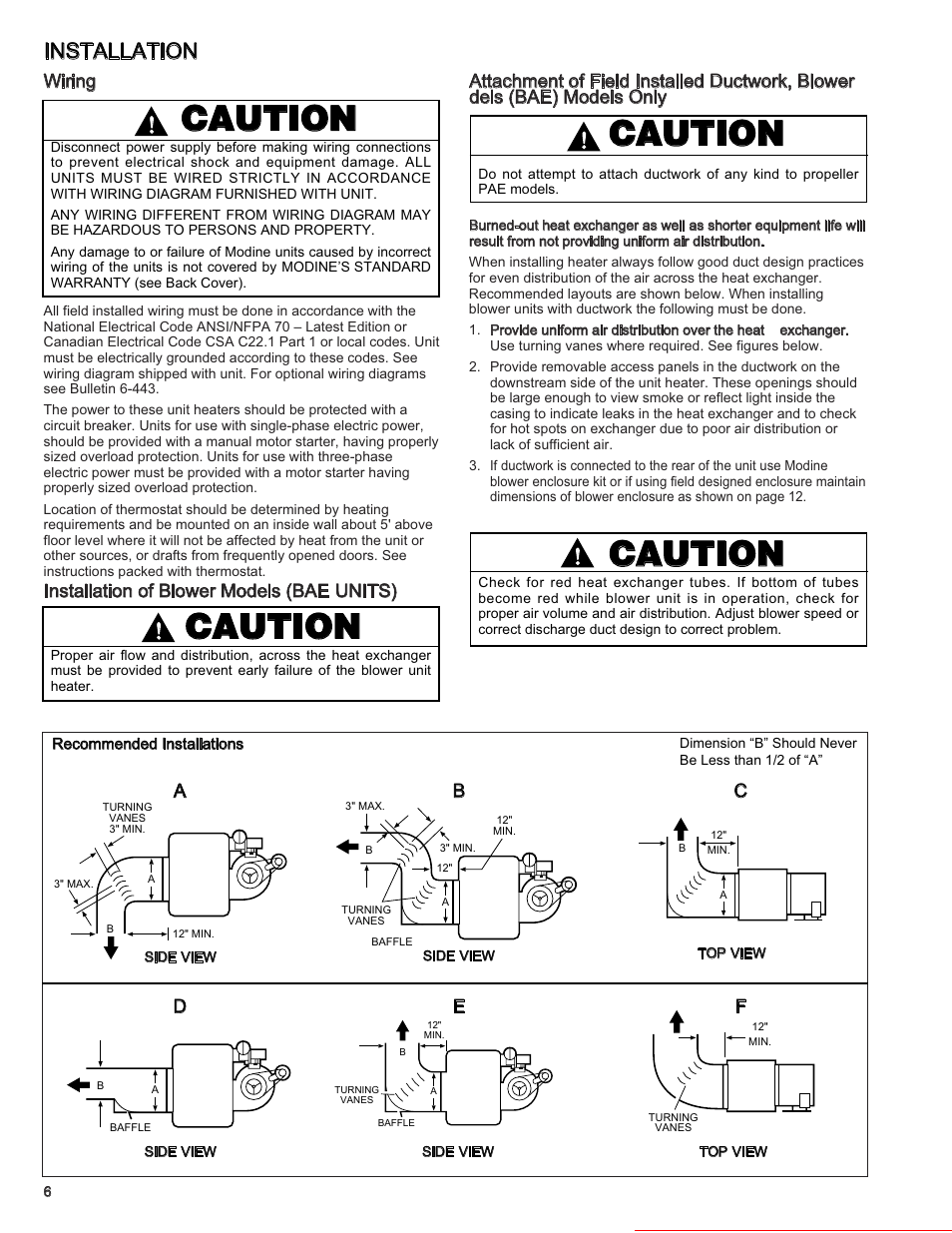 Caution, Installation, Wiring | Heater parts from acf greenhouses | Modine Manufacturing BAE User Manual | Page 6 / 28