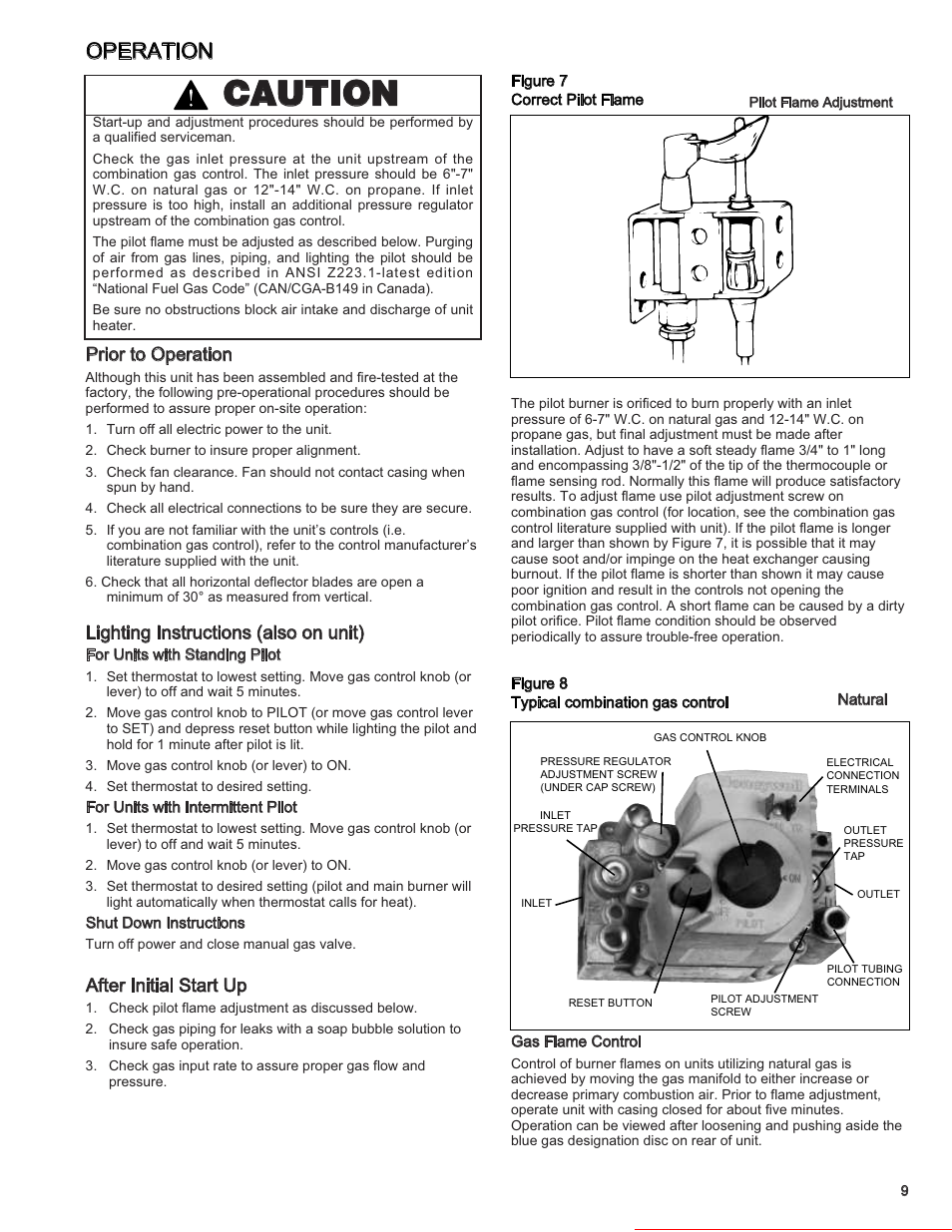 Caution, Operation, Prior to operation | Lighting instructions (also on unit), After initial start up, Heater parts from acf greenhouses | Modine Manufacturing BAE User Manual | Page 9 / 28