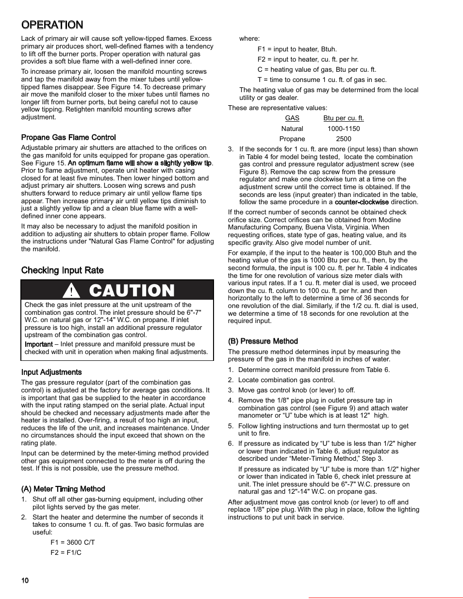 Caution, Operation | Modine Manufacturing GAS-FIRED HEATERS BD User Manual | Page 10 / 28