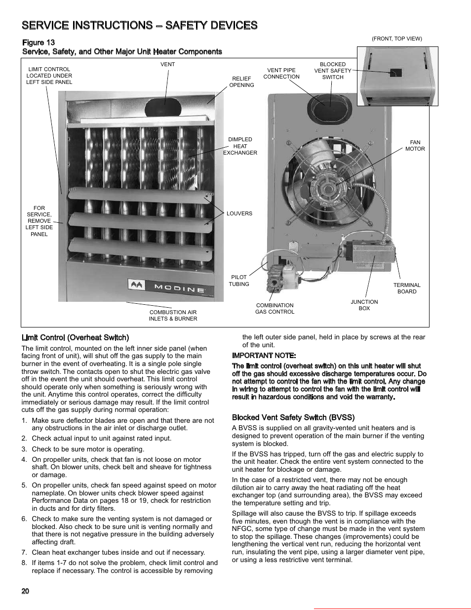 Service instructions – safety devices, Heater parts from acf greenhouses | Modine Manufacturing GAS-FIRED HEATERS BD User Manual | Page 20 / 28