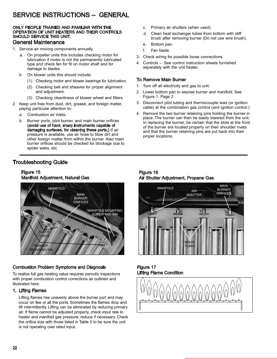 Service instructions – general, Troubleshooting guide, General maintenance | Heater parts from acf greenhouses | Modine Manufacturing GAS-FIRED HEATERS BD User Manual | Page 22 / 28