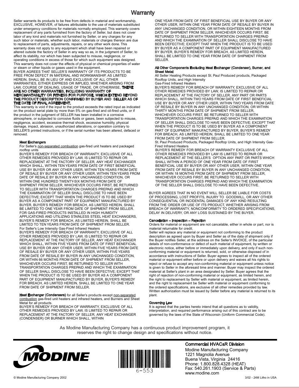 Warranty, Heater parts from acf greenhouses | Modine Manufacturing GAS-FIRED HEATERS BD User Manual | Page 28 / 28