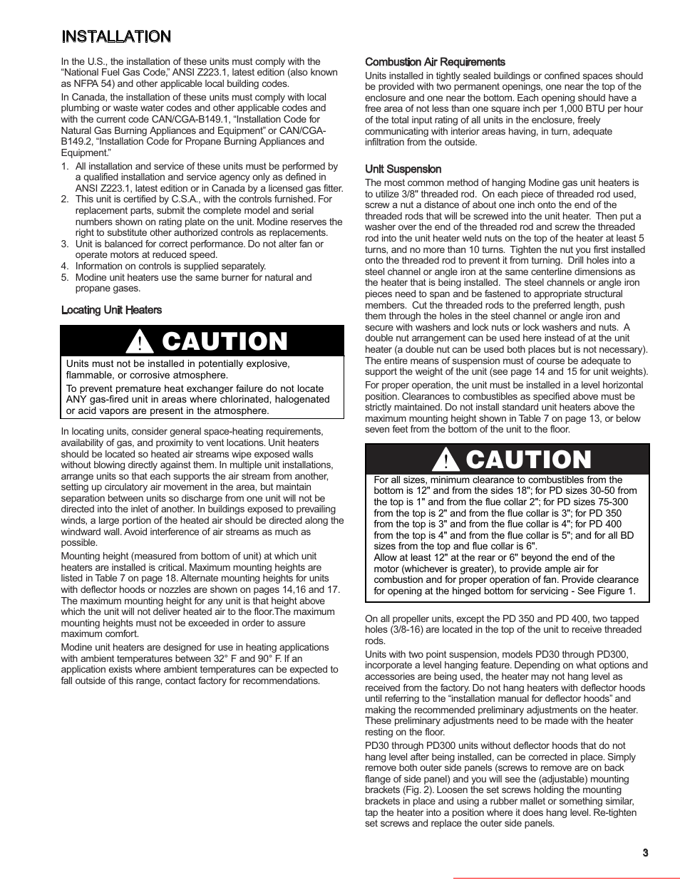 Caution, Installation | Modine Manufacturing GAS-FIRED HEATERS BD User Manual | Page 3 / 28