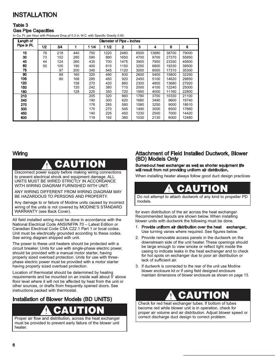 Caution, Installation, Wiring | Heater parts from acf greenhouses | Modine Manufacturing GAS-FIRED HEATERS BD User Manual | Page 6 / 28