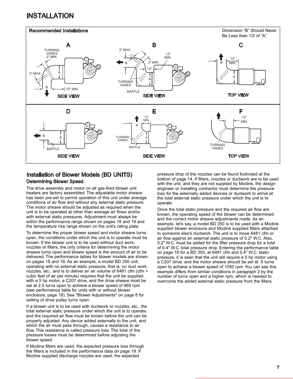 Installation, Installation of blower models (bd units) | Modine Manufacturing GAS-FIRED HEATERS BD User Manual | Page 7 / 28