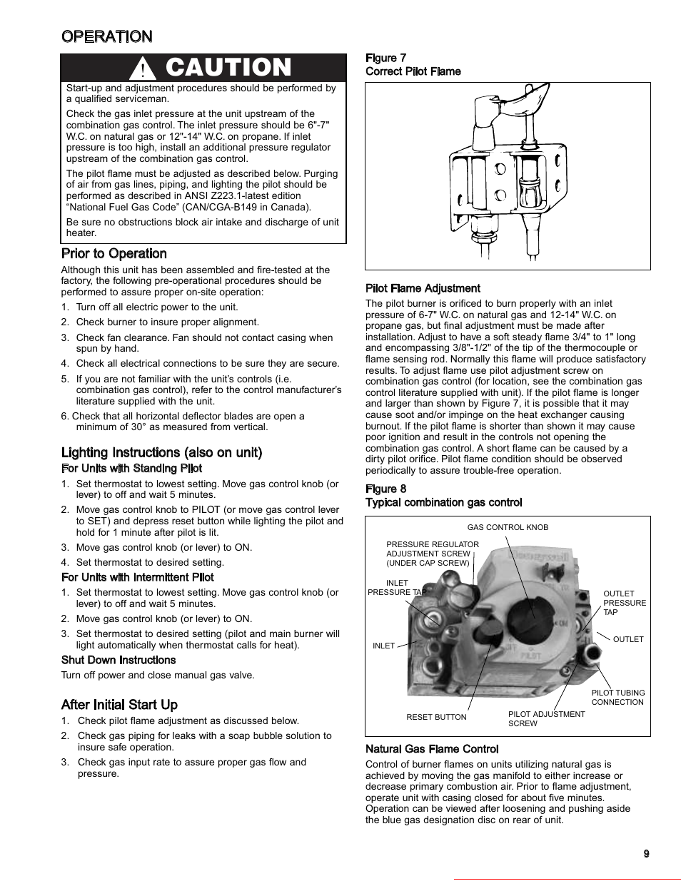 Caution, Operation, Prior to operation | Lighting instructions (also on unit), After initial start up, Heater parts from acf greenhouses | Modine Manufacturing GAS-FIRED HEATERS BD User Manual | Page 9 / 28