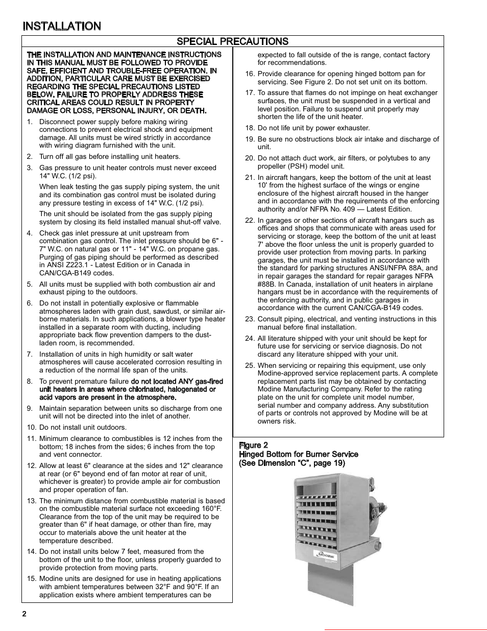 Installation, Special precautions, Heater parts from acf greenhouses | Modine Manufacturing 6-558.6 User Manual | Page 2 / 28