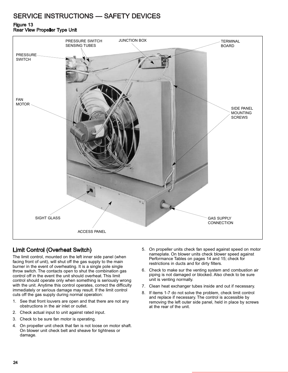 Service instructions — safety devices, Limit control (overheat switch), Heater parts from acf greenhouses | Modine Manufacturing 6-558.6 User Manual | Page 24 / 28