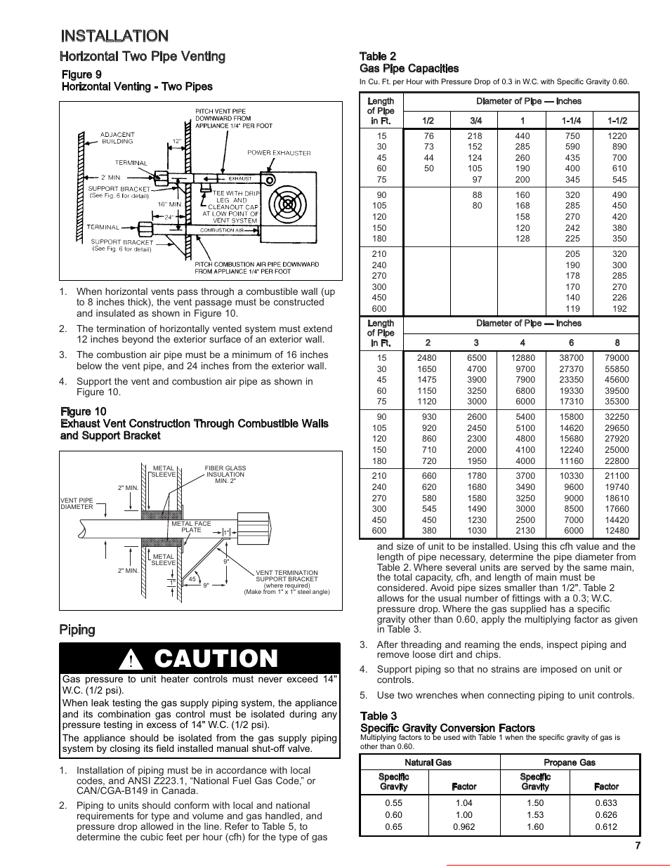 Caution, Installation, Horizontal two pipe venting | Piping, Heater parts from acf greenhouses | Modine Manufacturing 6-558.6 User Manual | Page 7 / 28