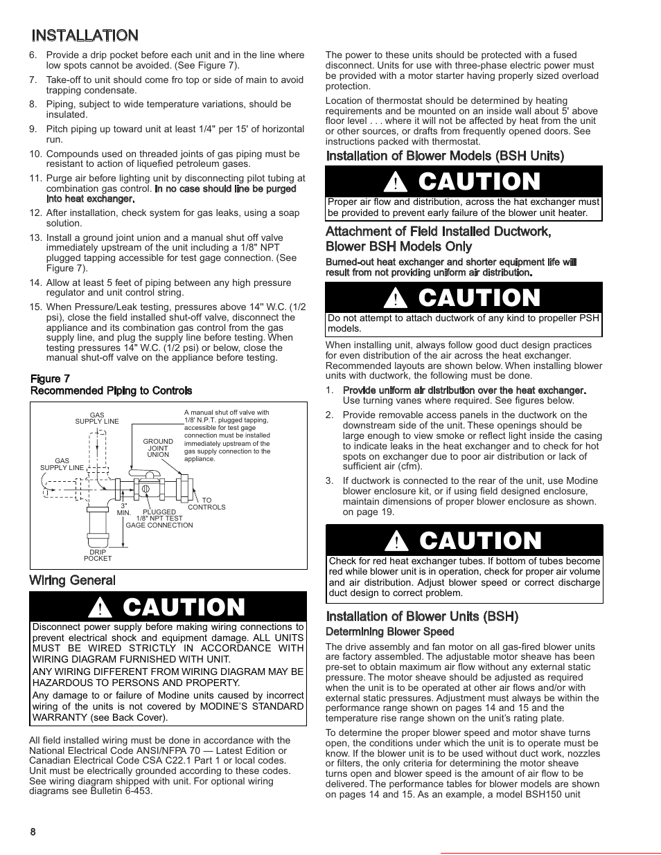 Caution, Installation, Wiring general | Installation of blower units (bsh), Heater parts from acf greenhouses | Modine Manufacturing 6-558.6 User Manual | Page 8 / 28