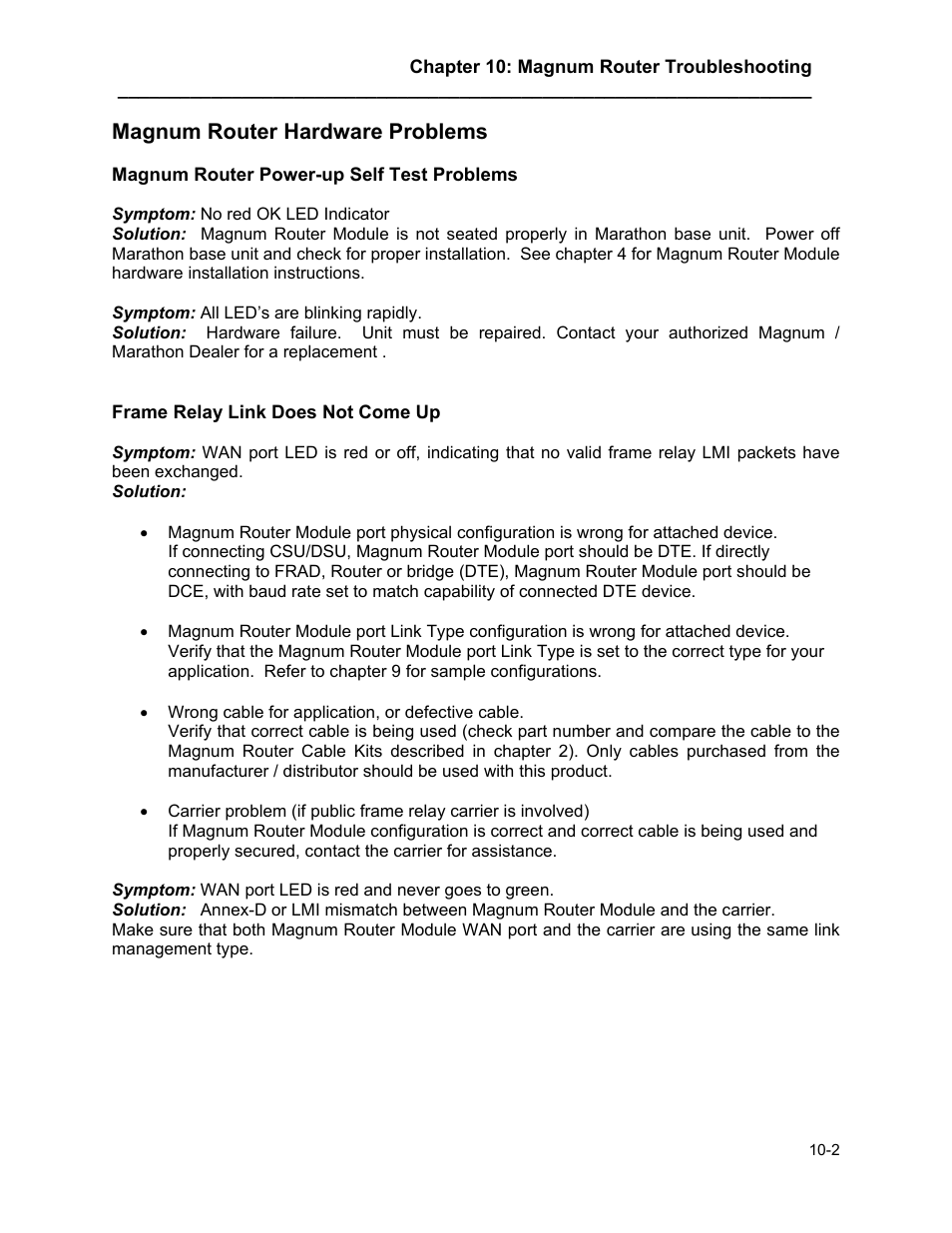 Magnum router hardware problems, Magnum router power-up self test problems, Frame relay link does not come up | Magnum router hardware problems -2, Magnum router power-up self test problems -2, Frame relay link does not come up -2 | Marathon MAGNUM ROUTER User Manual | Page 149 / 167