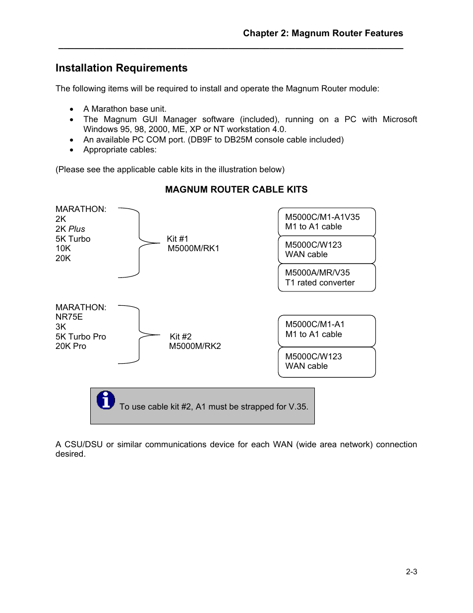 Installation requirements, Installation requirements -3 | Marathon MAGNUM ROUTER User Manual | Page 16 / 167