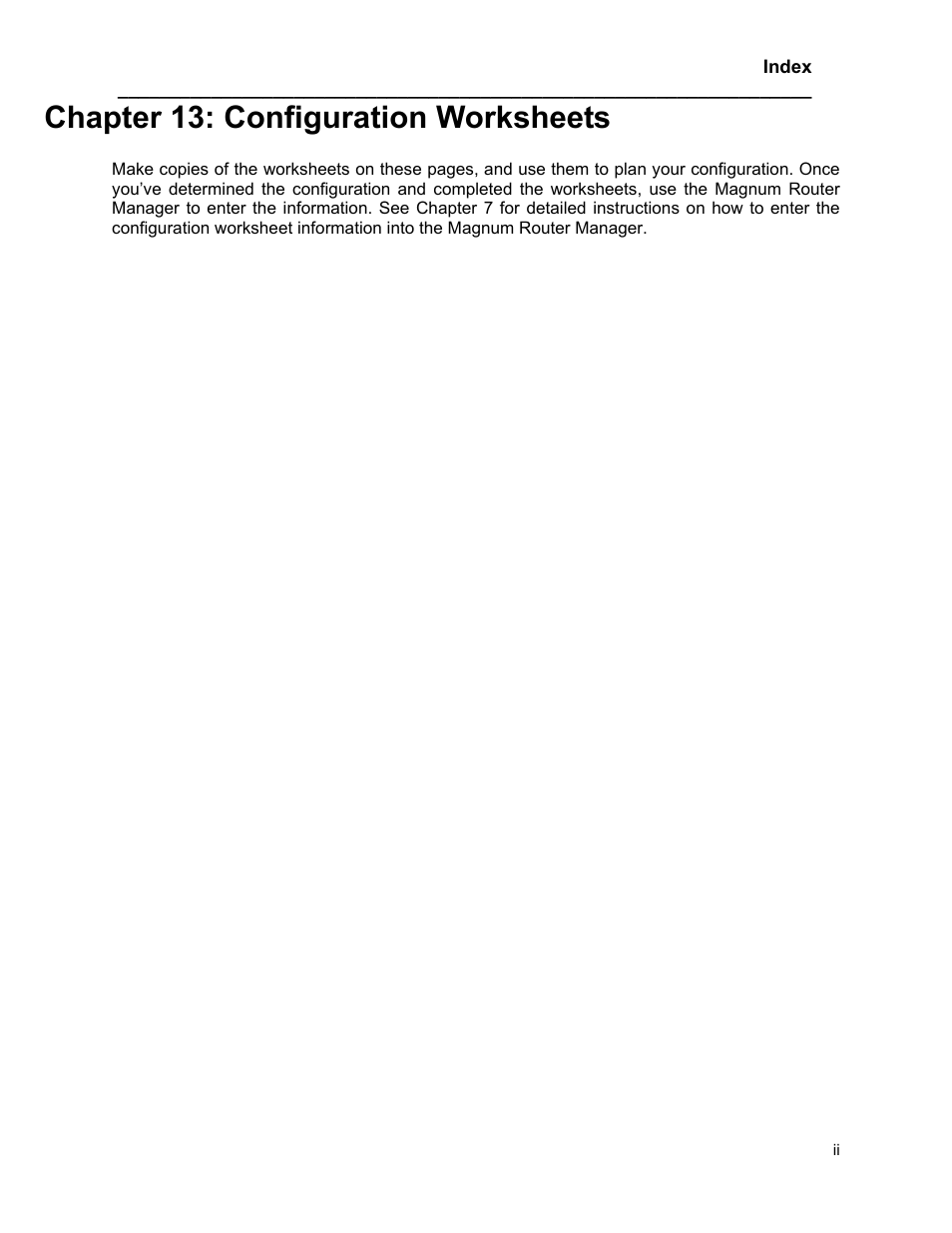 Configuration worksheets, Chapter 13: configuration worksheets | Marathon MAGNUM ROUTER User Manual | Page 164 / 167