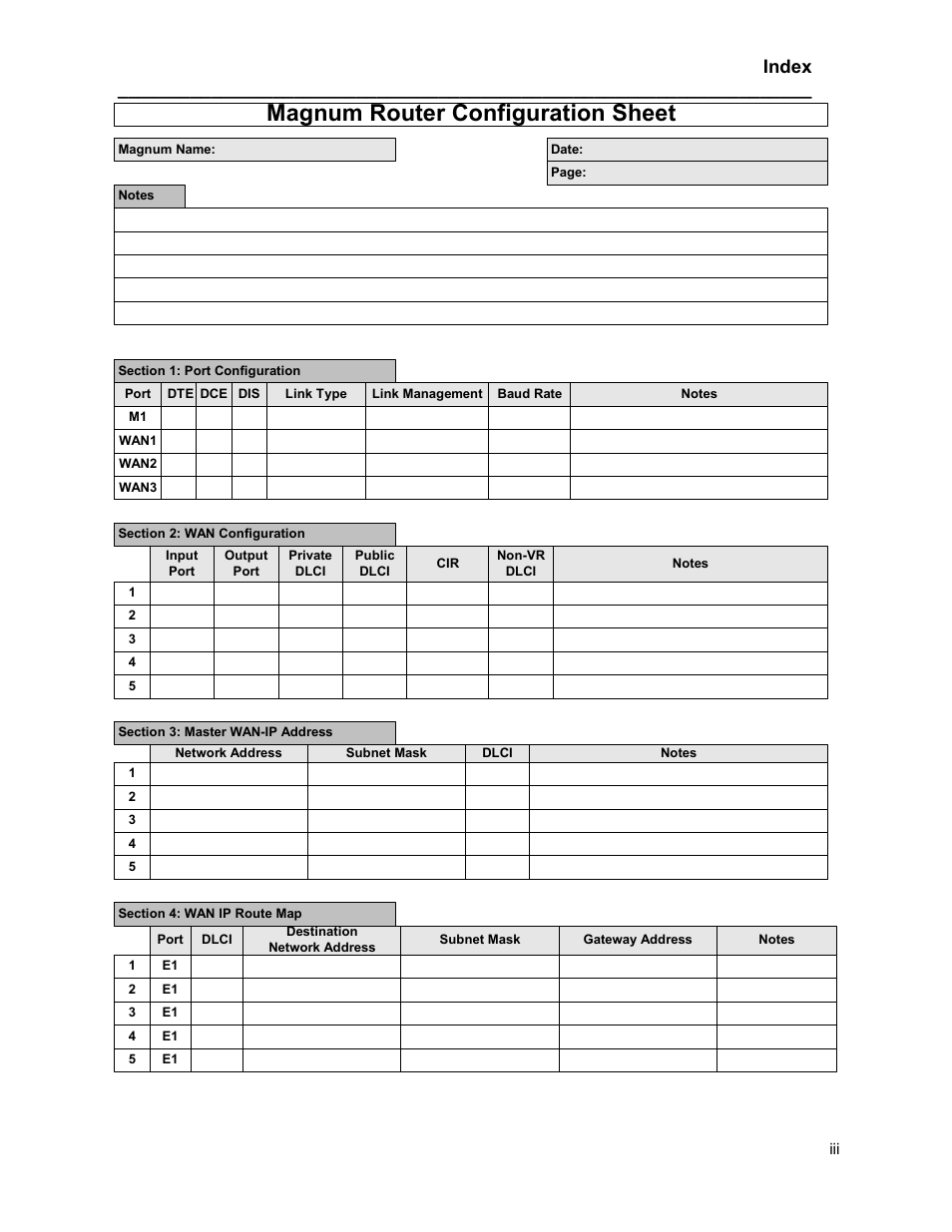 Magnum router configuration sheet, Index | Marathon MAGNUM ROUTER User Manual | Page 165 / 167